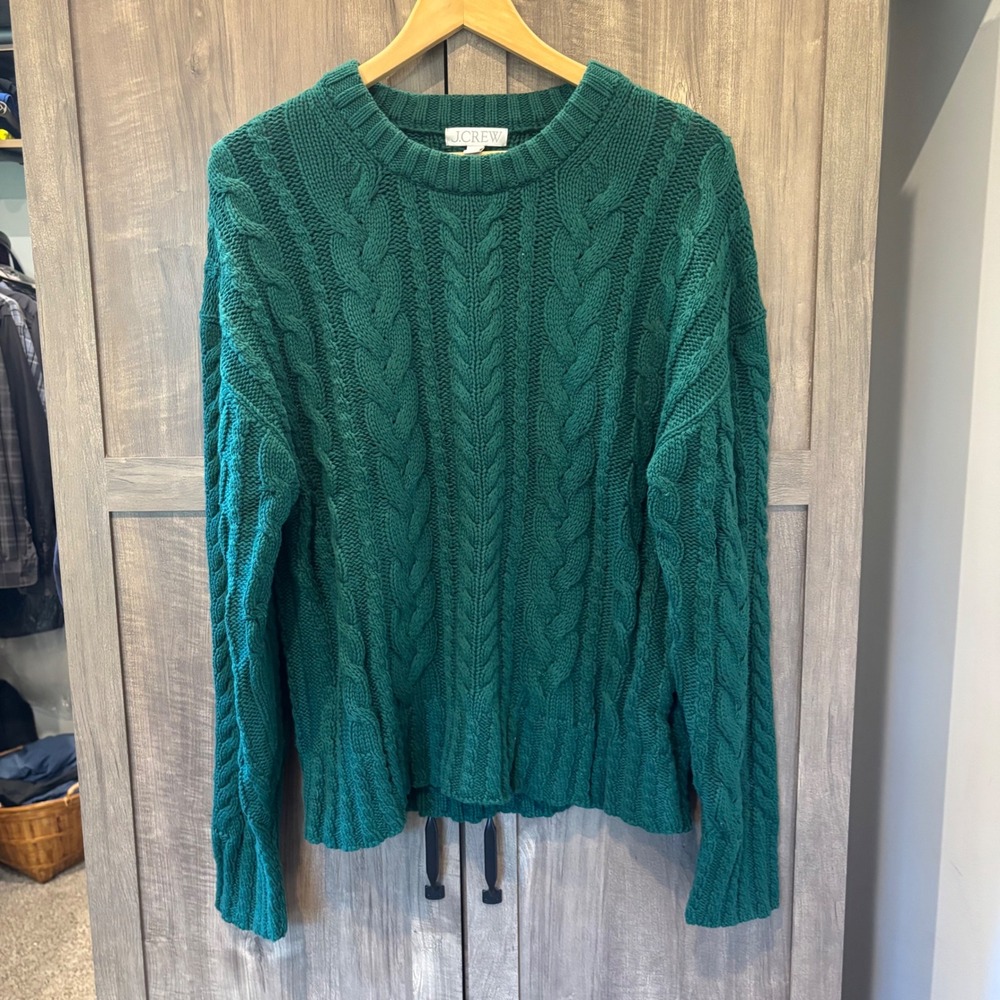 J.Crew Womens Emerald Green Cable Knit Cotton Sweater Large Fisherman Preppy